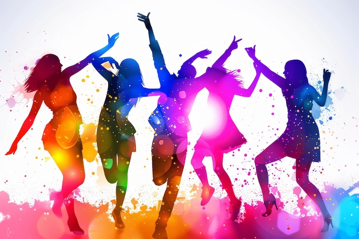 Foto un gruppo di cinque amici danza insieme in una silhouette colorata vibrante un gruppo di amici danza insieme in una discoteca vivace e colorata