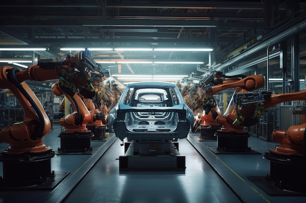 Un gruppo di cobot che assembla un'auto su una catena di montaggio creata con l'IA generativa