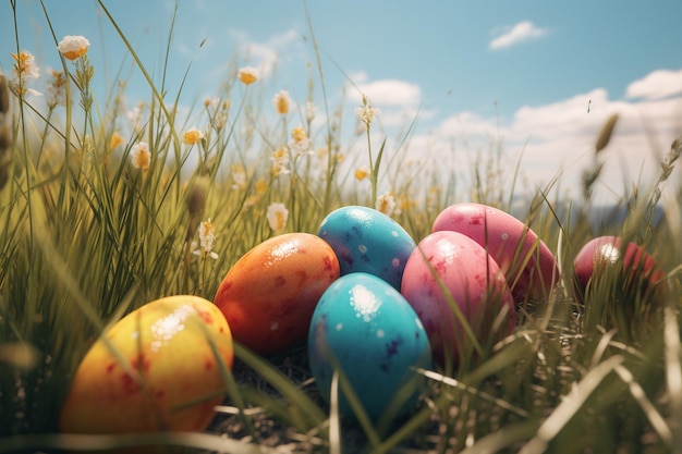 Un gruppo di colorate uova di pasqua in un campo