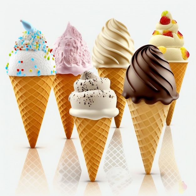 Un gruppo di coni gelato con gusti diversi.