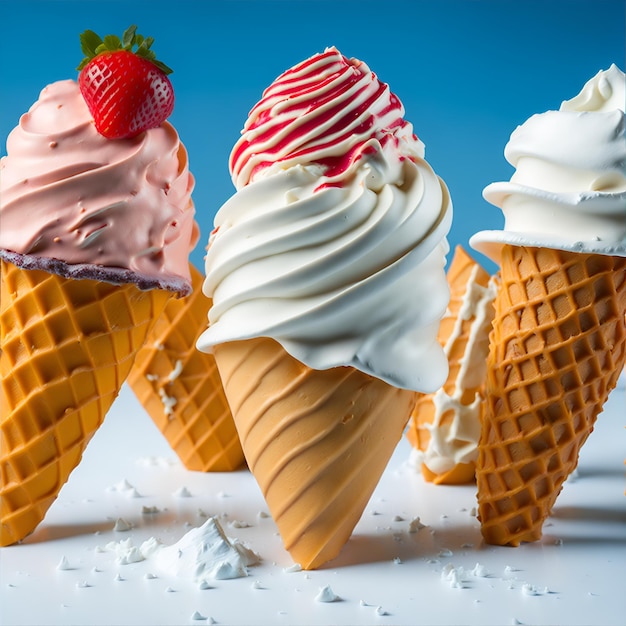 Un gruppo di coni gelato con una fragola in cima.