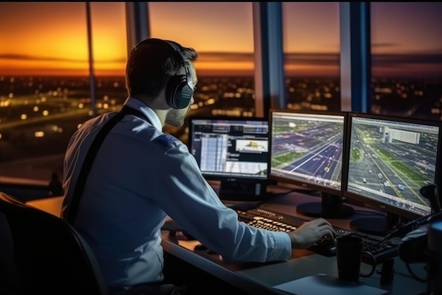 Un gruppo di controllo del traffico aereo lavora di notte in una moderna torre aeroportuale