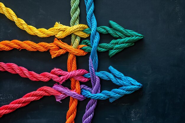 Un gruppo di corde colorate che si uniscono per formare un concetto di lavoro di squadra a freccia di direzione