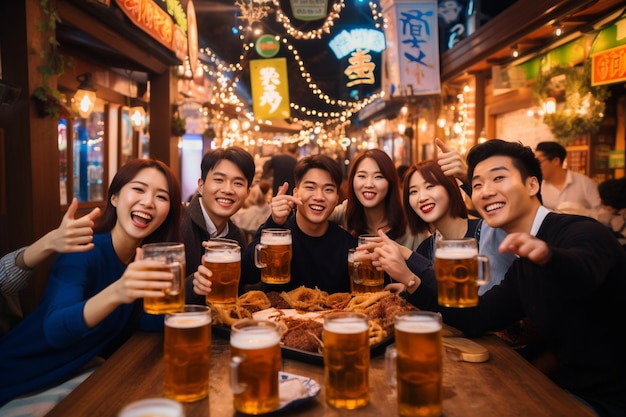 Un gruppo di coreani felici tintinnano insieme i boccali di birra celebrando l'atmosfera festosa di