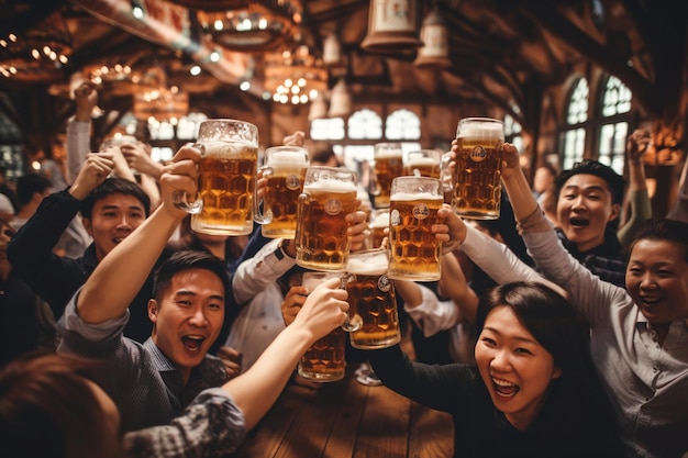 Un gruppo di coreani felici tintinnano insieme i boccali di birra celebrando l'atmosfera festosa di