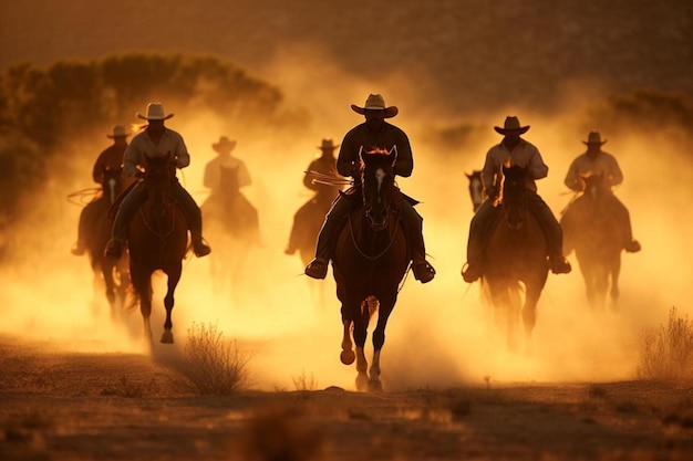 un gruppo di cowboy stanno cavalcando cavalli nel deserto