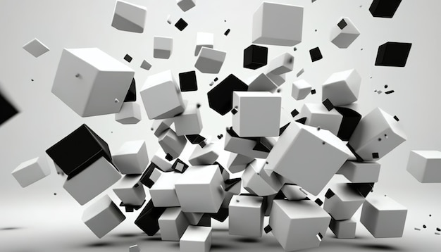 Un gruppo di cubi sta cadendo in una stanza bianca.