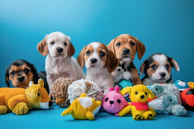 Un gruppo di cuccioli con giocattoli su uno sfondo blu