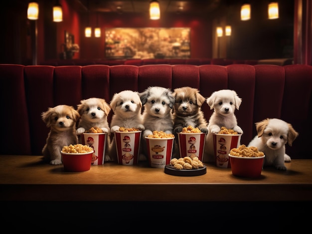 Un gruppo di cuccioli si siede davanti a un secchio di popcorn.