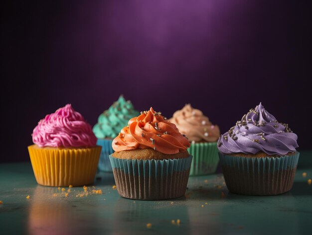 Un gruppo di cupcakes con colori diversi e la parola torta su di essi.