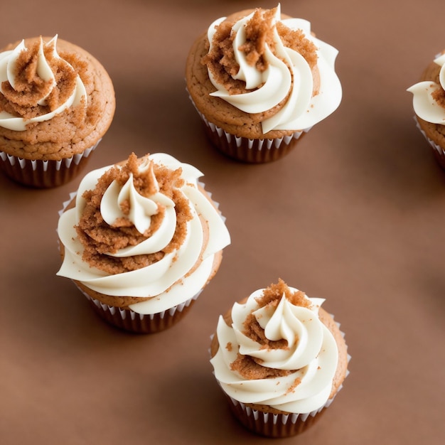 Un gruppo di cupcakes con glassa di crema di formaggio e uno sfondo marrone.