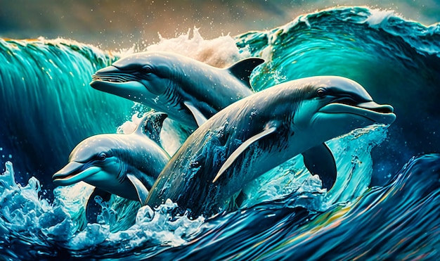 Un gruppo di delfini che si divertono tra le onde