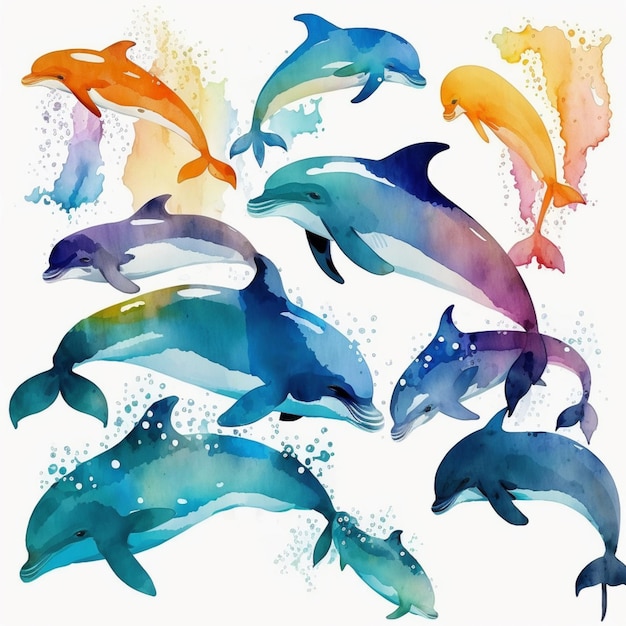 Un gruppo di delfini in diversi colori