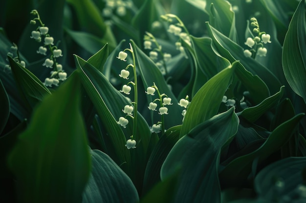 Un gruppo di delicati e profumati gigli della valle che scoppiano attraverso l'erba verde lussureggiante creando una bellissima scena naturale