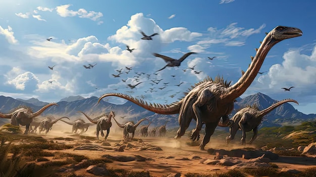 Un gruppo di dinosauri che camminano attraverso un deserto