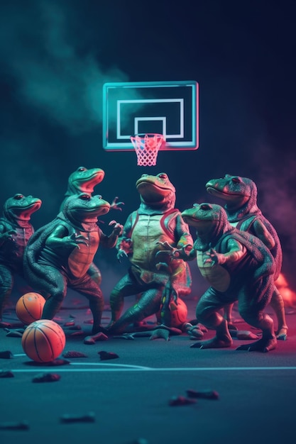 Un gruppo di dinosauri giocattolo che giocano a basket immagine generativa ai