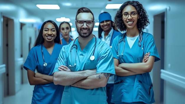 Un gruppo di diversi medici e infermieri in abiti blu sono in piedi in un corridoio dell'ospedale sorridendo alla telecamera