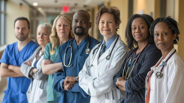 Un gruppo di diversi professionisti medici in piedi insieme in un corridoio dell'ospedale guardando la telecamera