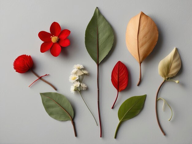 un gruppo di diversi tipi di fiori su un tavolo con foglie e fiori