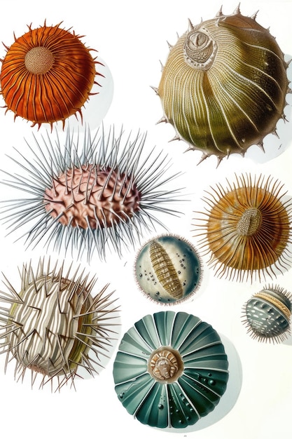 Un gruppo di diversi tipi di ricci di mare imitazione di vecchie illustrazioni di libri di zoologia