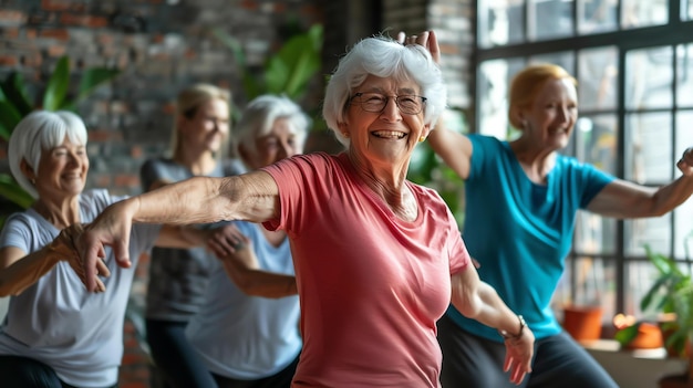 Un gruppo di donne anziane sta ballando in una lezione di fitness, sono tutte sorridenti e si divertono.