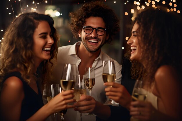 Un gruppo di donne attraenti e eleganti che tengono un bicchiere di champagne e festeggiano un evento la sera