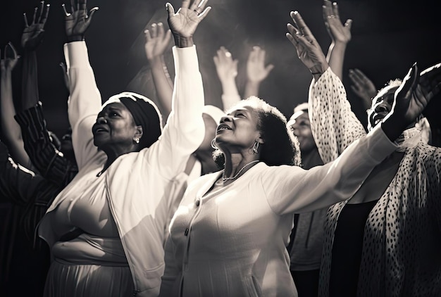 un gruppo di donne che alzano le mani in un servizio ecclesiastico nello stile delle curve di whiplash