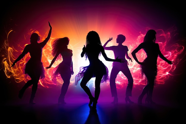 Un gruppo di donne che ballano in silhouette su uno sfondo colorato