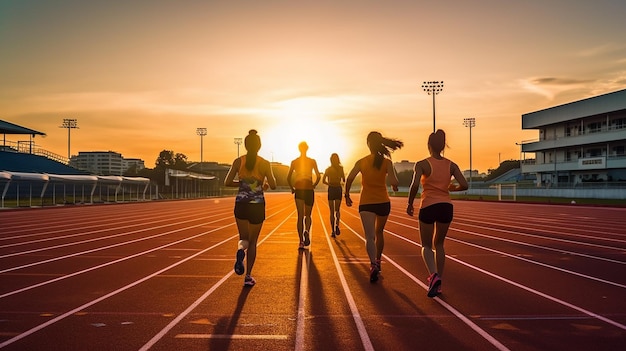 un gruppo di donne che corrono su una pista con il sole dietro di loro