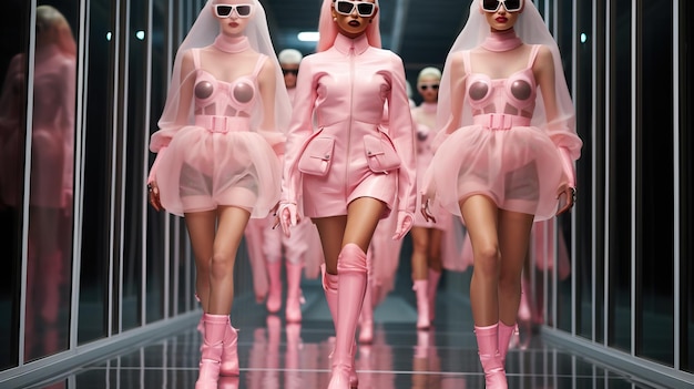 Un gruppo di donne che indossano abiti rosa