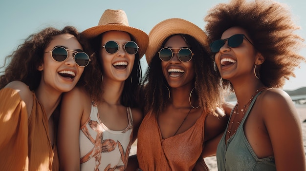 Un gruppo di donne che indossano occhiali da sole ride e ride.