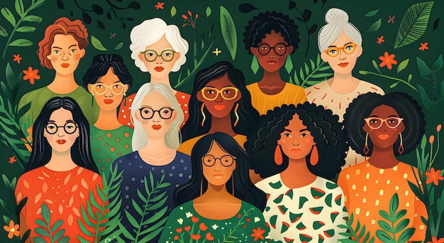 Un gruppo di donne di diverse età e nazionalità che posano insieme su uno sfondo verde