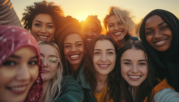 un gruppo di donne diverse caucasiche ispaniche nere medio-orientali che festeggiano la Festa della Donna