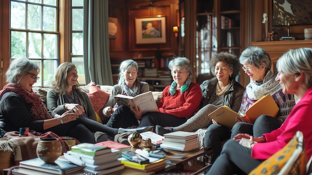 Un gruppo di donne diverse si siede in un confortevole salotto a leggere e discutere libri