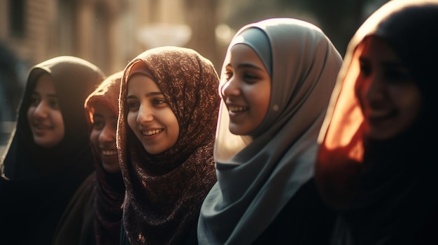 Un gruppo di donne è riunito in fila, una di loro indossa un hijab e l'altra indossa una sciarpa grigia.