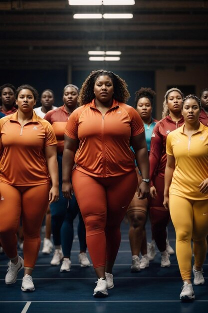 un gruppo di donne in abiti arancioni che camminano lungo un palco.