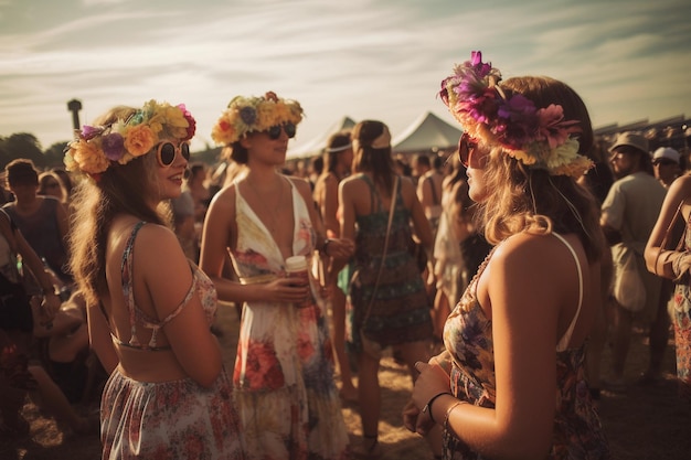 Un gruppo di donne in fasce floreali si trova in mezzo alla folla durante un festival musicale.