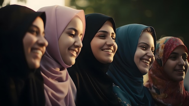 Un gruppo di donne in fila con una che indossa un hijab e l'altra indossa una sciarpa rosa.