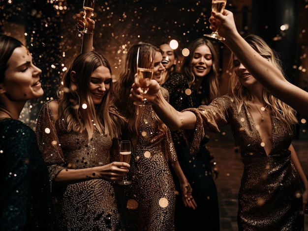 Un gruppo di donne in pose danzanti gioiose a una festa una accanto all'altra con il vino in mano AI generato AI generativo AI generativ
