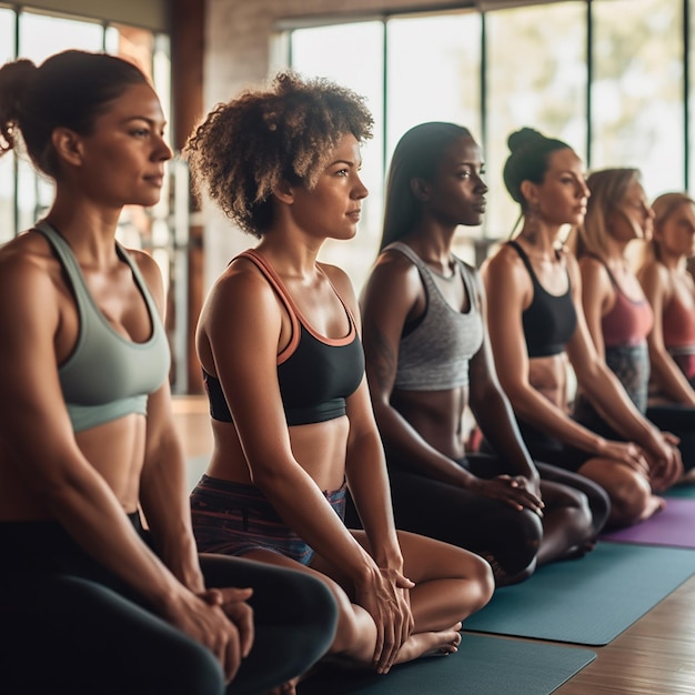 un gruppo di donne in una fila con le parole "yoga" sul lato