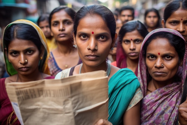 Un gruppo di donne indiane in sari tradizionali all'aperto per protesta contro l'IA generativa