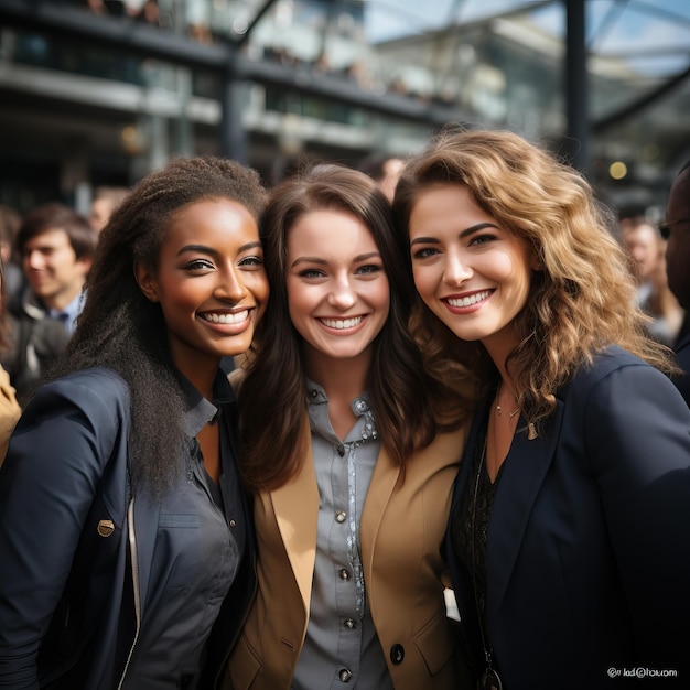 un gruppo di donne posa per una foto davanti a una grande folla