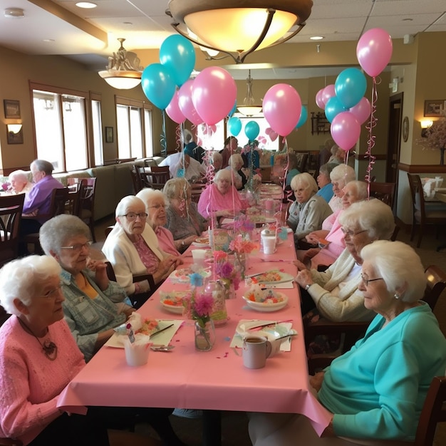 Un gruppo di donne si siede a un tavolo con sopra palloncini rosa e blu.