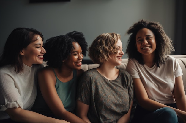 Un gruppo di donne si siede su un divano e sorride alla telecamera.