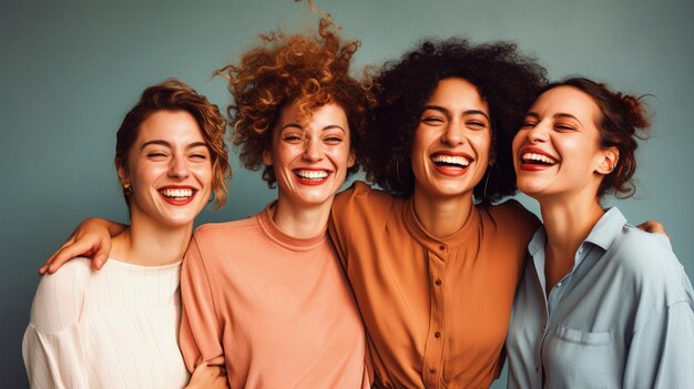 Un gruppo di donne sorridenti in piedi insieme su uno sfondo isolato