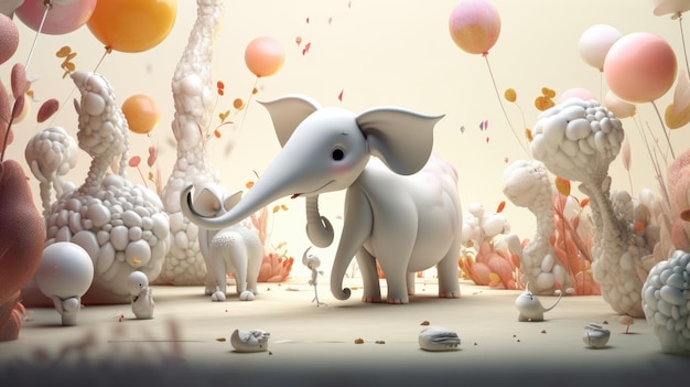 Un gruppo di elefanti in festa con palloncini e uno striscione con la scritta 'elefante'