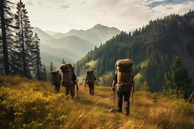 Un gruppo di escursionisti che camminano in un campo con le montagne sullo sfondo.