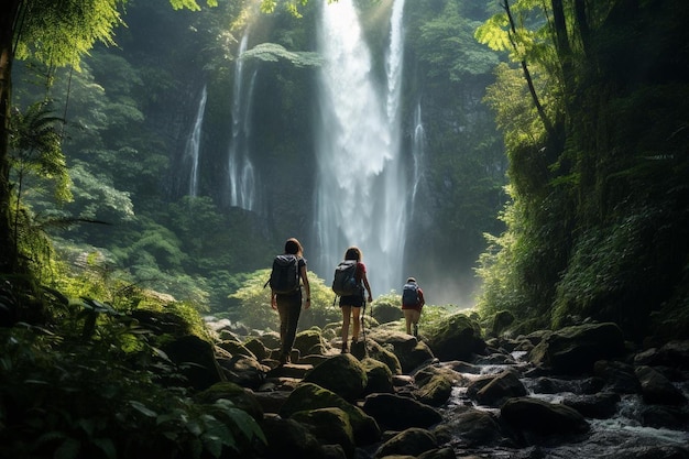 un gruppo di escursionisti in piedi davanti a una cascata.