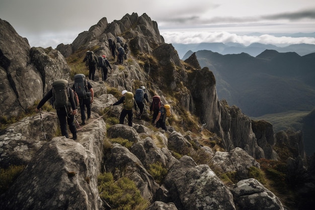 Un gruppo di escursionisti sale su una montagna con le montagne sullo sfondo.