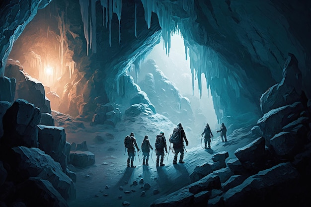 Un gruppo di esploratori che esplorano una caverna ghiacciata con ghiaccioli e formazioni di ghiaccio che ricoprono le pareti cr